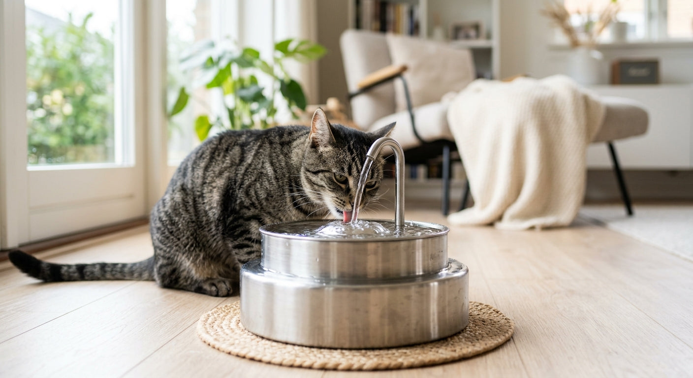 Katte-vandspringvand i skinnende rustfrit stål med en nysgerrig kat ved siden af