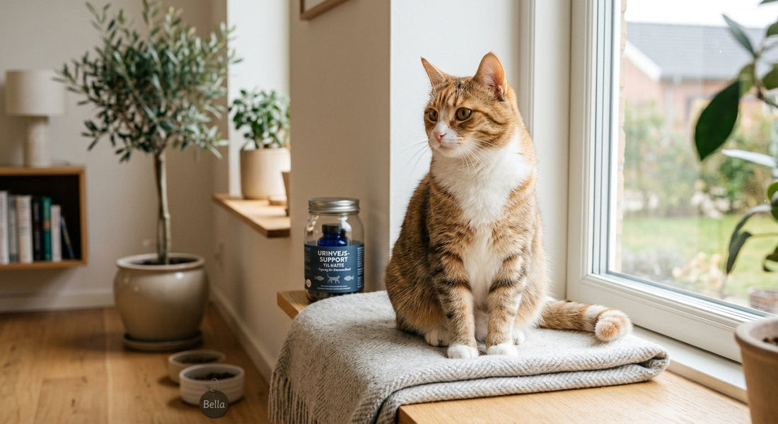 Sund kat der hviler sig roligt på en sofa – urinvejssundhed og velvære hos katte