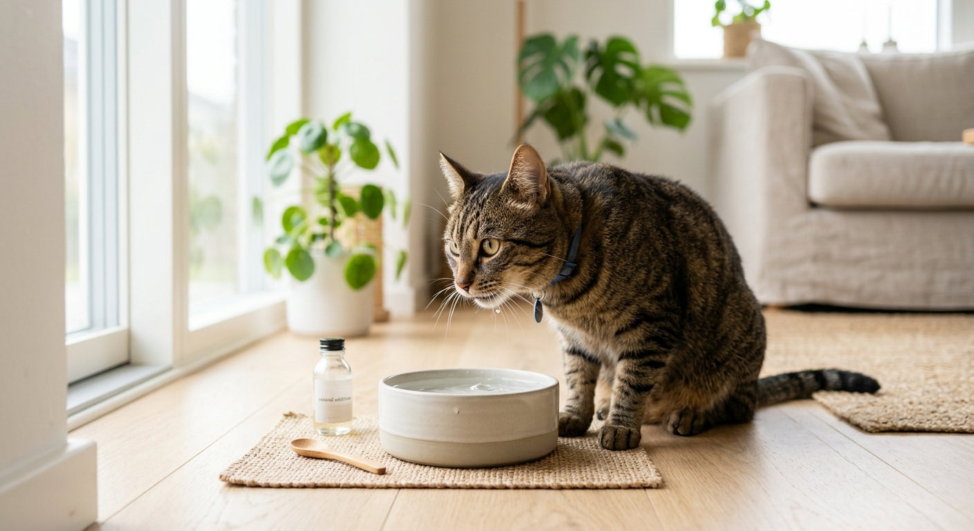 Kat der snuser til en vandskål med klart vand – vandtilsætninger til katte