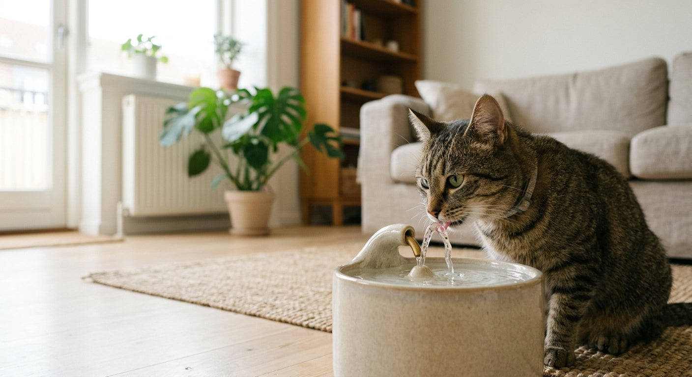 SnoutiePot vandspringvand med rindende vand og en tilfreds kat, der drikker