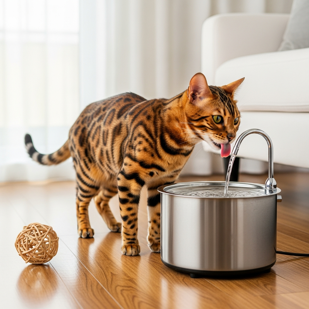 Bengal kat der drikker fra SnoutiePot vandspringvand i stuen